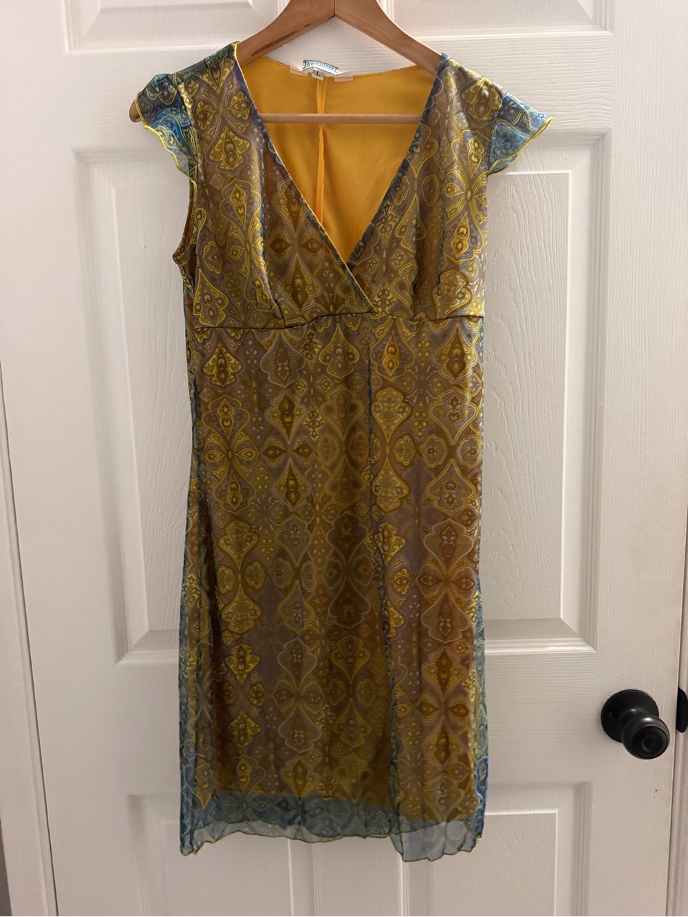 Hourglass Yellow-Mustard and Blue Printed Midi Dress